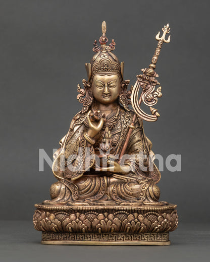 Front view of handcrafted pure copper Guru Tsokye Dorje statue from Nepal