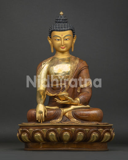 Front view of handcrafted Shakyamuni Buddha statue in copper with fire-gilded gold finish