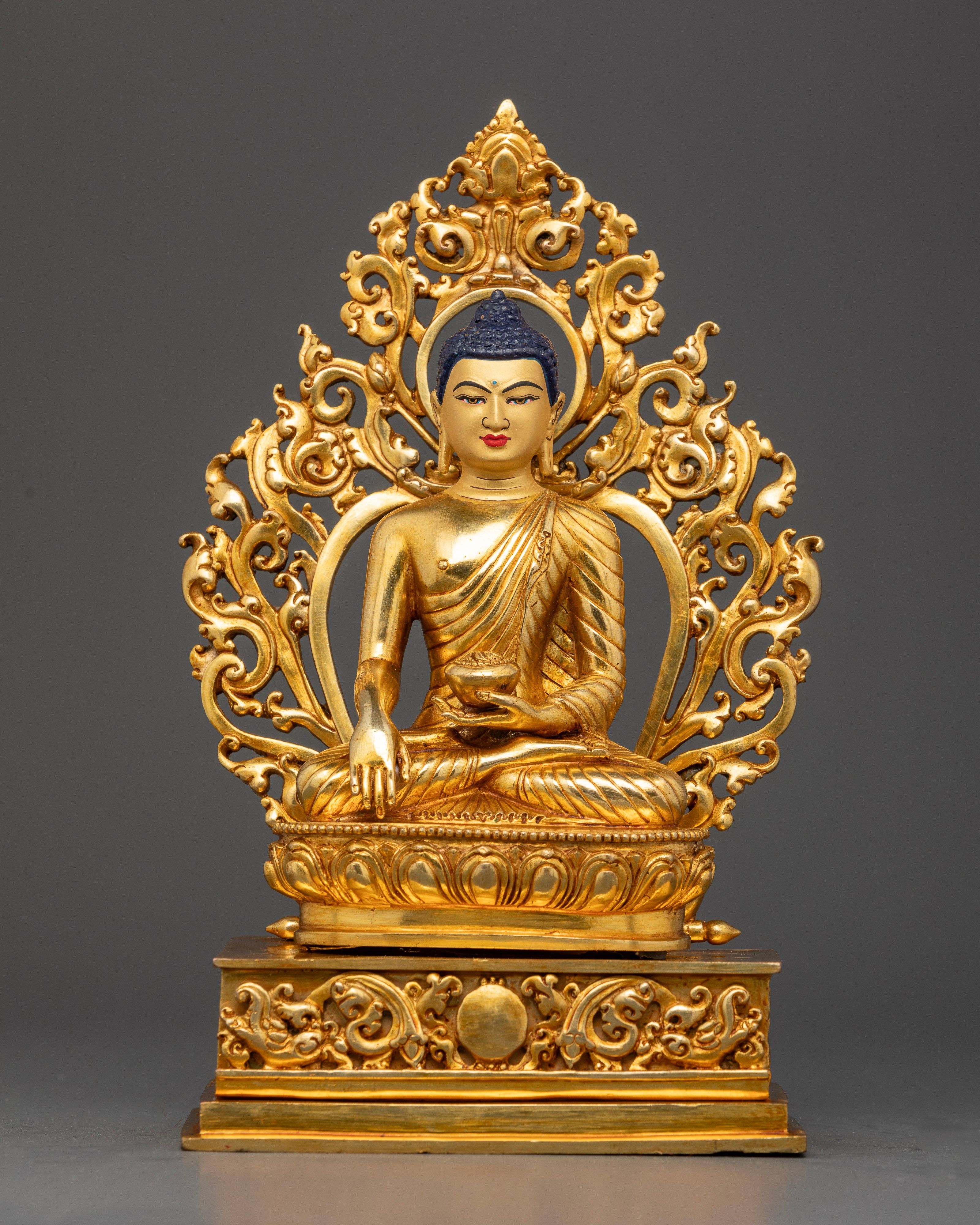 Front View of Handcrafted Shakyamuni Buddha Statue with 24K Gold Fire Gilding