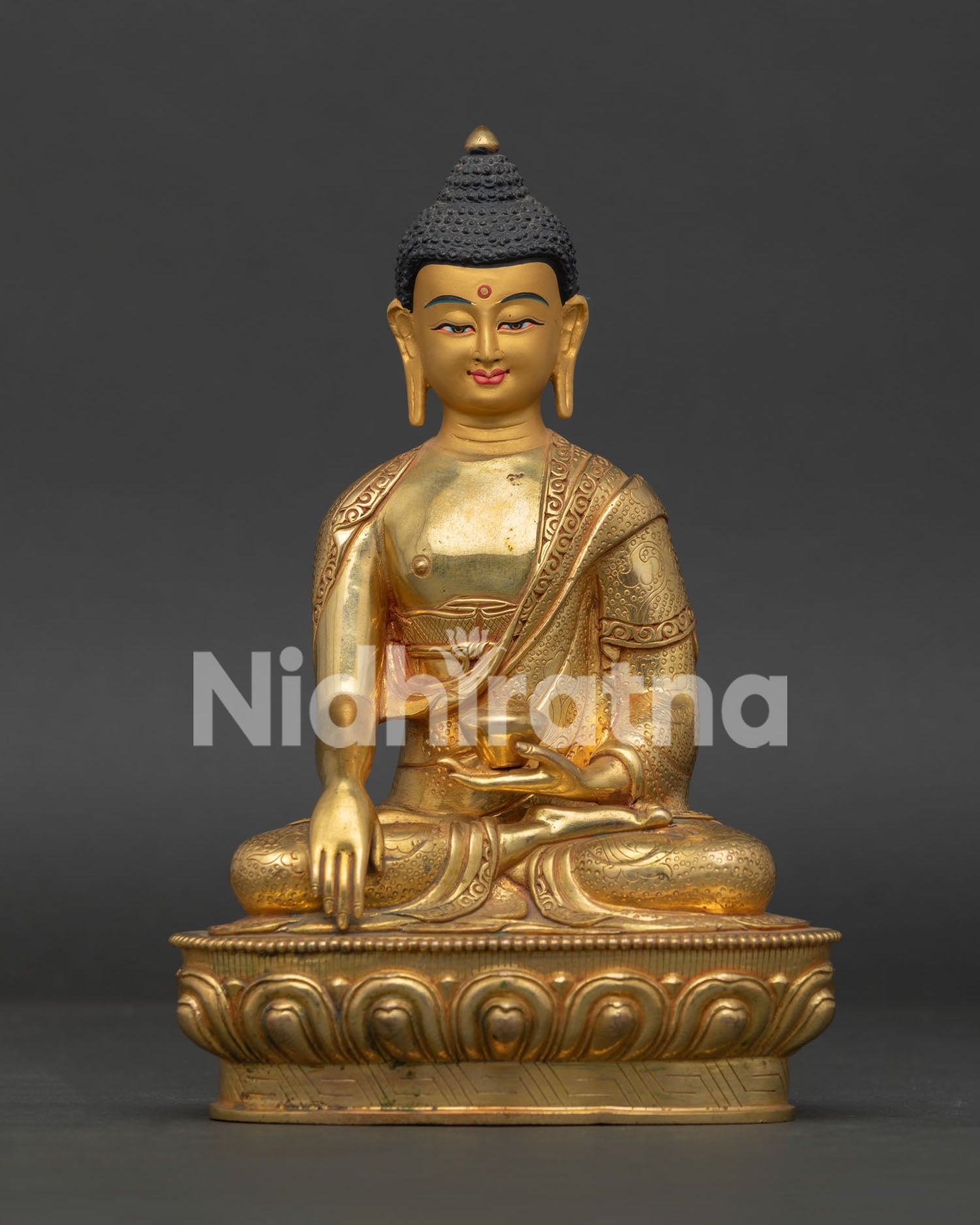 Front View of Handcrafted Shakyamuni Buddha Statue with Gold-Gilded Copper Finish.