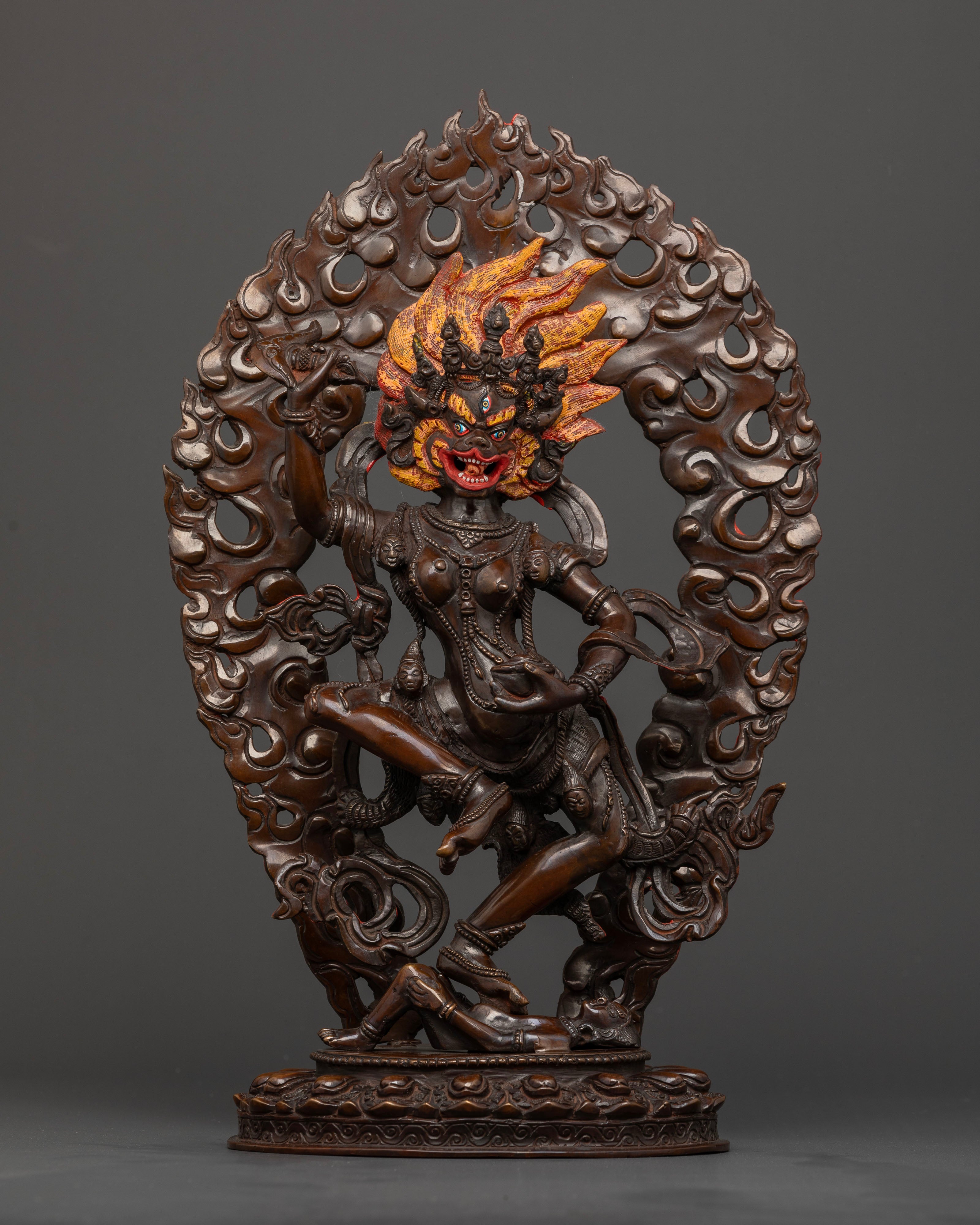 Front view of handcrafted Simha Mukha statue in oxidized copper from Patan, Nepal