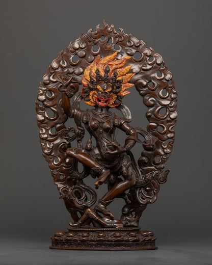 Front view of handcrafted Simha Mukha statue in oxidized copper from Patan, Nepal