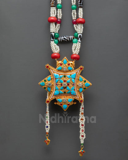 Front view of handcrafted Tibetan Ghau Mala prayer necklace with 24k gold plated beads central Ghau amulet box