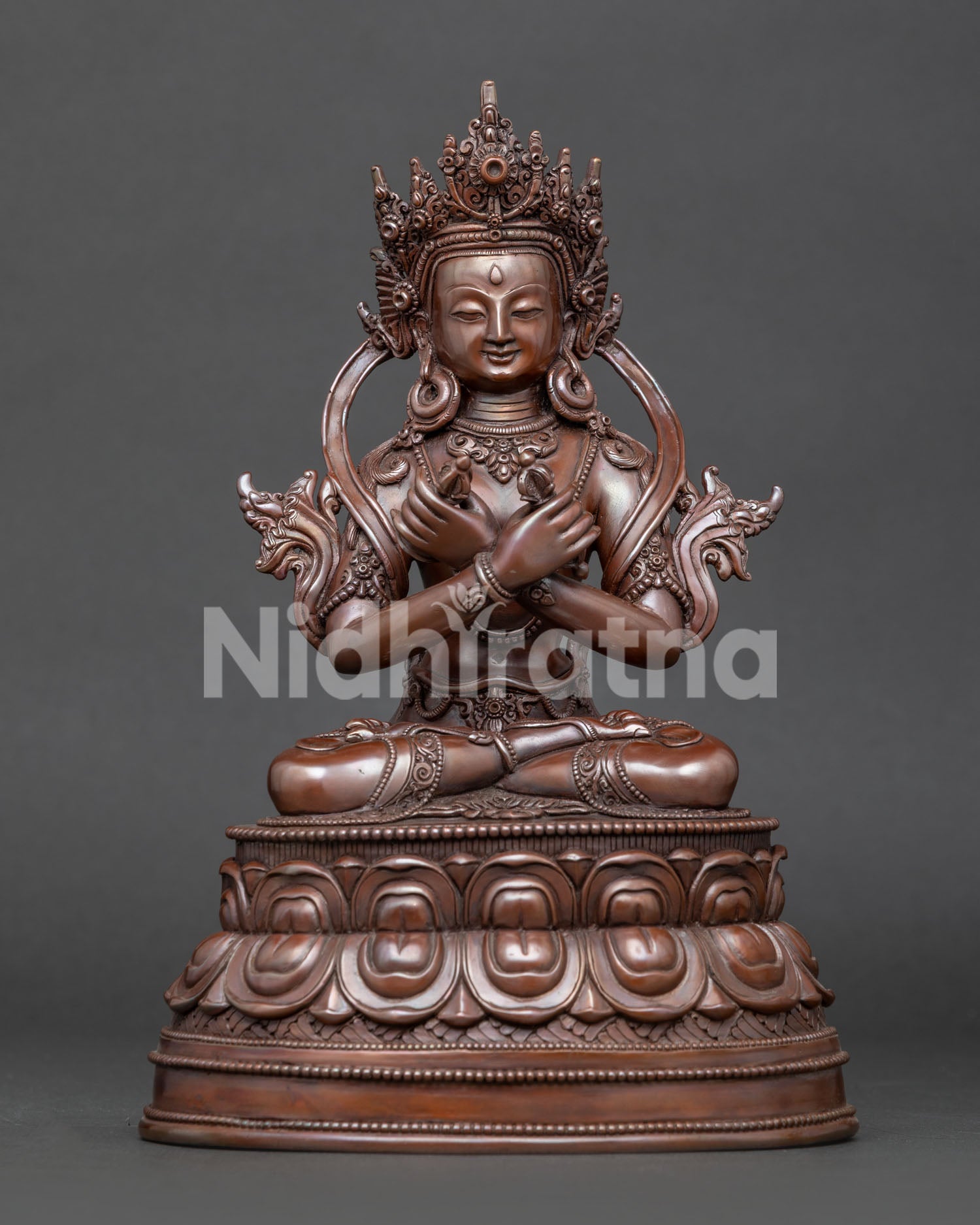Front view of handcrafted Vajradhara Dorje Chang statue from Patan, Nepal