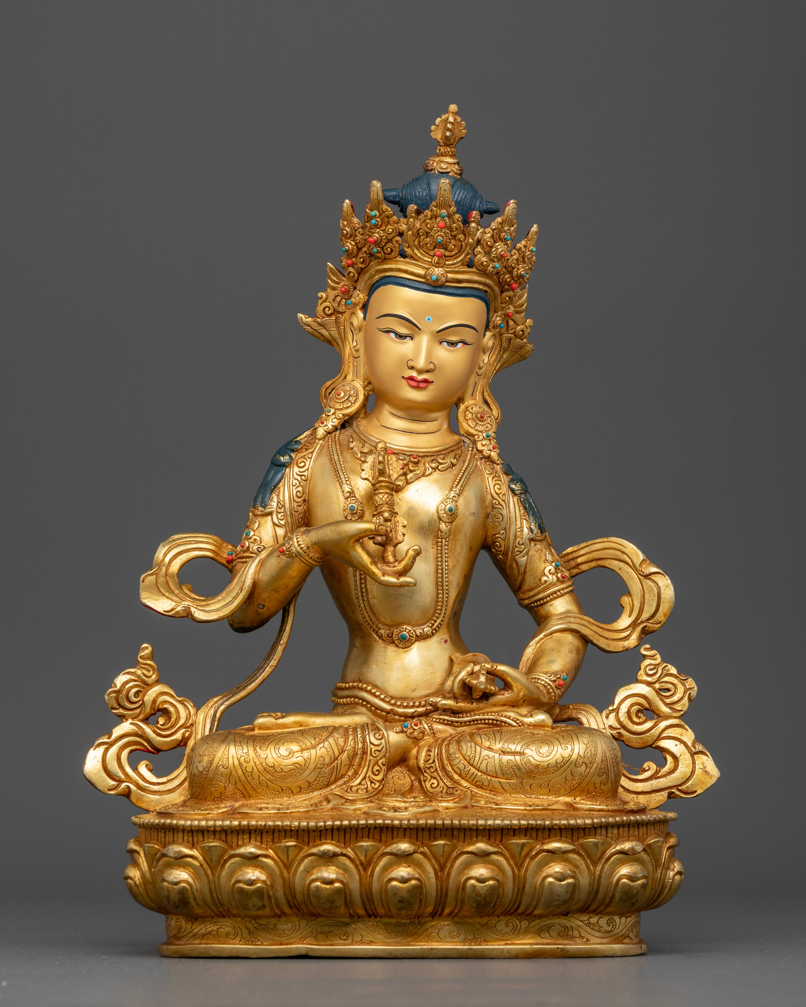 Front View of Handcrafted Vajrasattva Statue with 24K Gold Fire Gilding and Gemstones