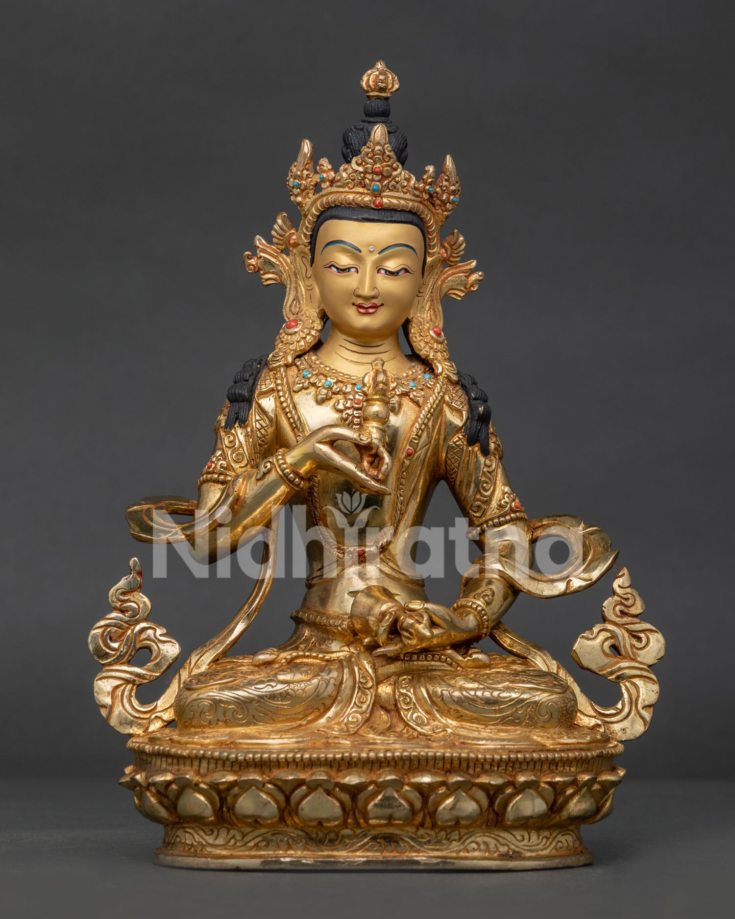 Front view of handcrafted Vajrasattva statue with 24K gold fire gilding and lotus pedestal