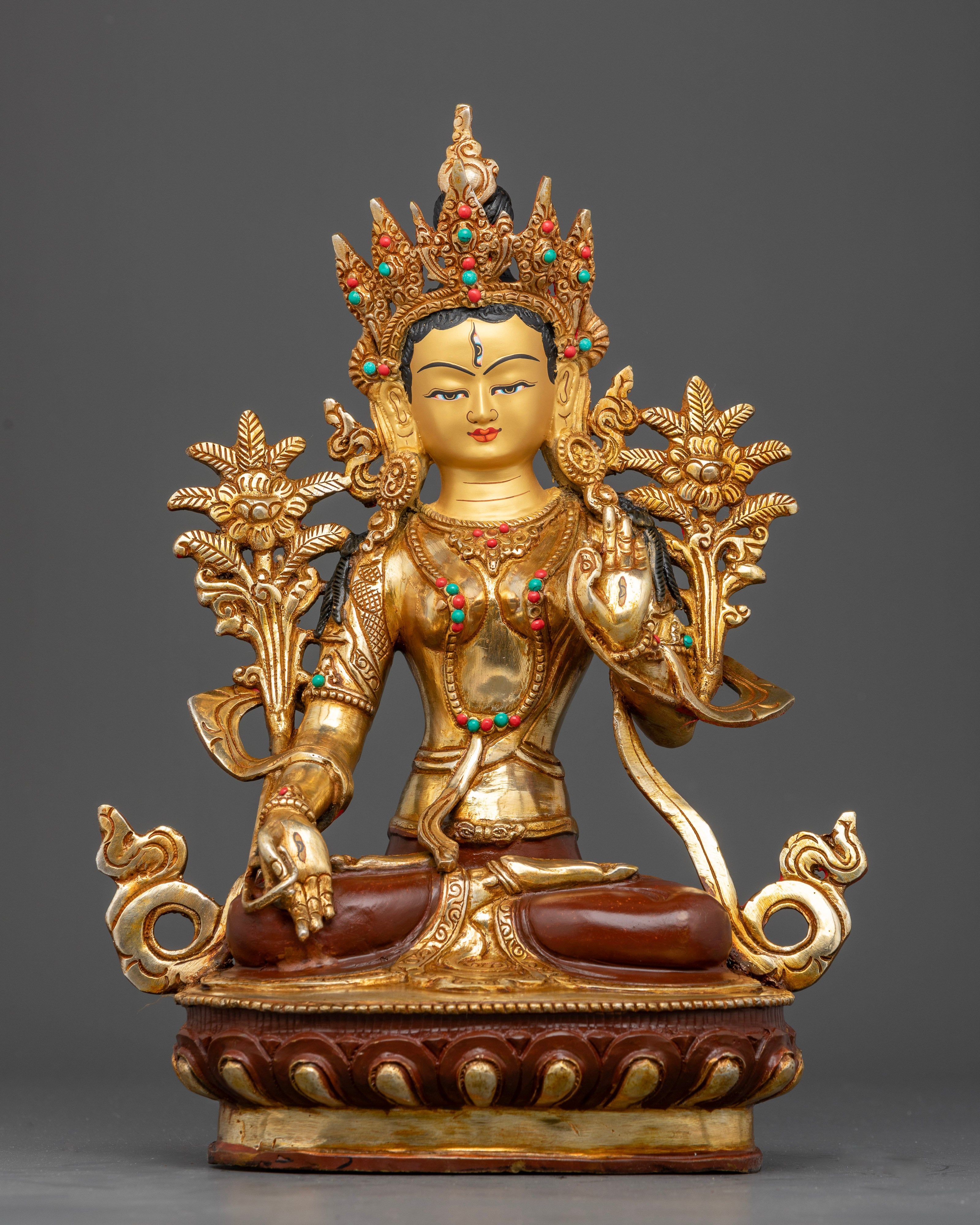 Front view of Handcrafted White Tara Statue with gold gilded oxidized finish 
