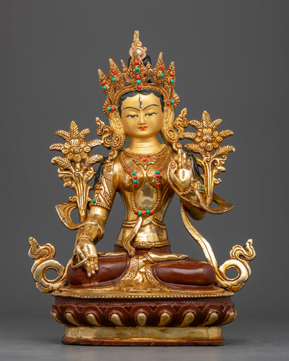 Front view of Handcrafted White Tara Statue with gold gilded oxidized finish 