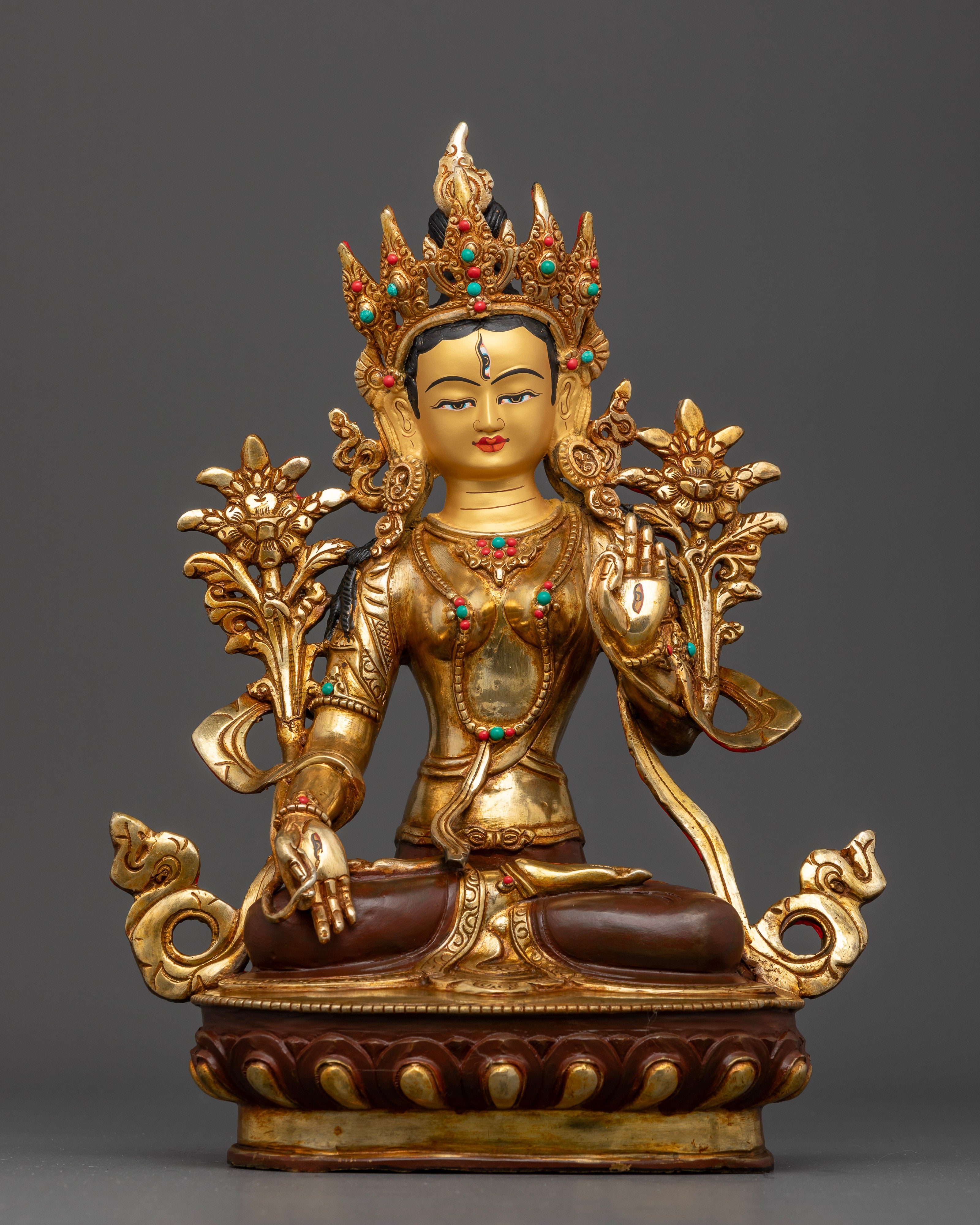 Front View of Handcrafted White Tara Statue with Gold Gilding and Oxidized Copper Finish