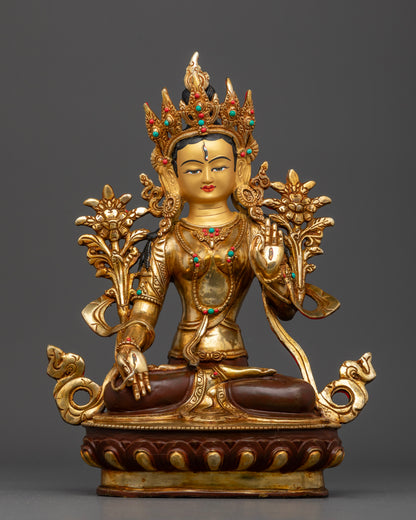 Front View of Handcrafted White Tara Statue with Gold Gilding and Oxidized Copper Finish