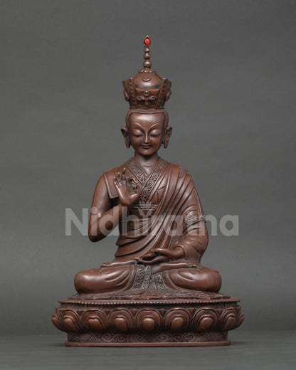 Front view of handmade 16th Karmapa statue in pure copper with Black Crown, lotus throne, and traditional Kagyu Buddhist iconography