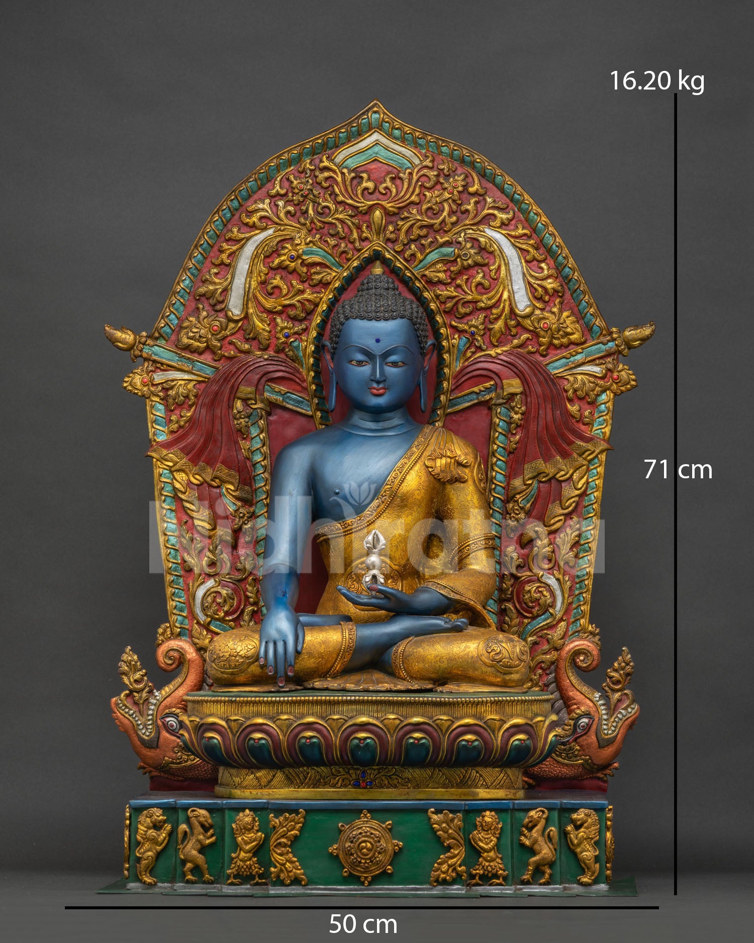 Front view of handmade Akshobhya Mitrugpa Buddha statue with gold gilded copper throne from Nepal
