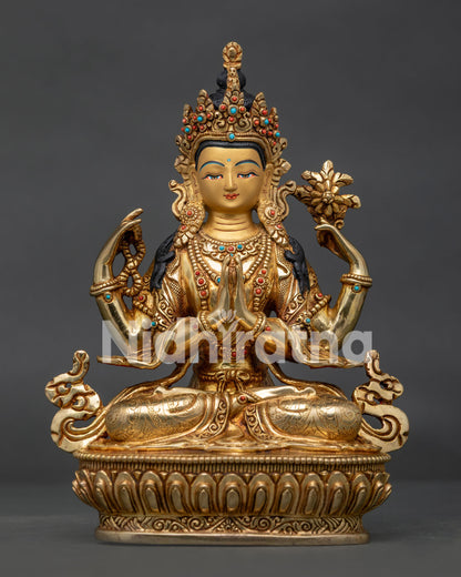 Front View of Handmade Chenrezig Statue with 24K Gold Gilding on Lotus Throne 