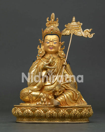Front View of Handmade Guru Norla Statue with 24K Gold Fire Gilding and Semi Precious Stones