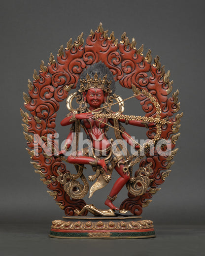 Front view of Handmade Kurukulla Statue with gold-gilded details and flaming halo