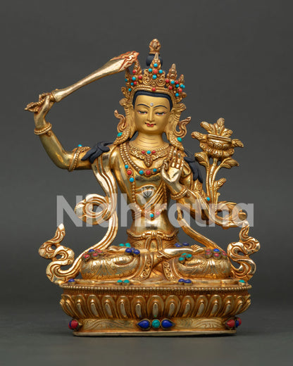Front View of Handmade Manjushri Statue with Gold Gilding and Semi Precious Stones, Crafted by Newari Artisans in Nepal