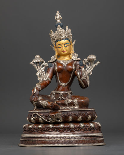 Front view of handmade oxidized Green Tara copper statue, authentic Nepalese Buddhist artwork.
