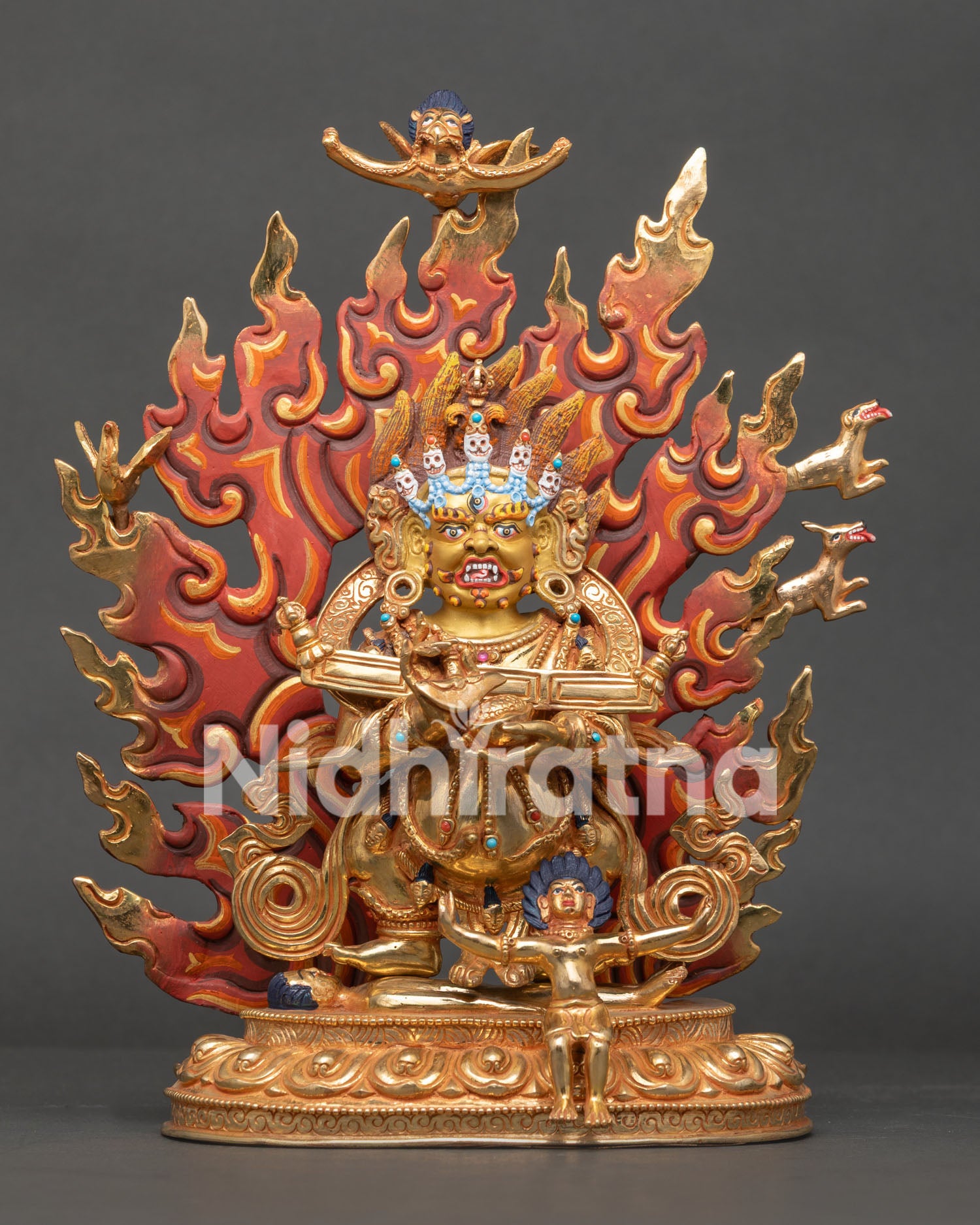 Front View of Handmade Sakya Mahakala Statue with Gold Gilded Finish and Semi Precious Stones
