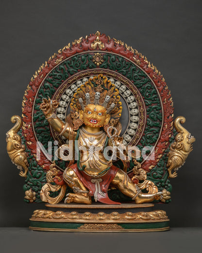 Front view of handmade Vajrapani statue, 24K gold-gilded copper Buddhist deity from Nepal
