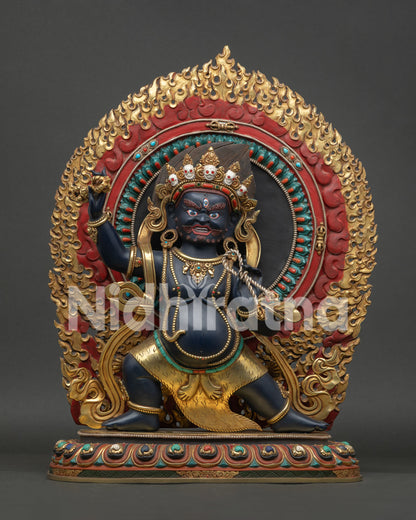 Front View of Handmade Vajrapani Statue with Gold Gilded Details and Semi Precious Stones