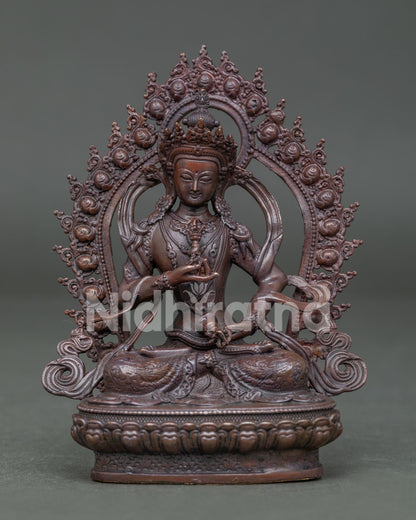 Front view of Handmade Vajrasattva Statue with oxidized copper finish and lotus pedestal