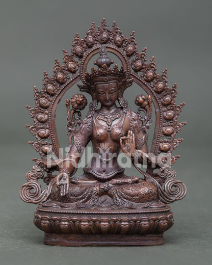 Front view of Handmade White Tara Statue with seven eyes and oxidized copper finish