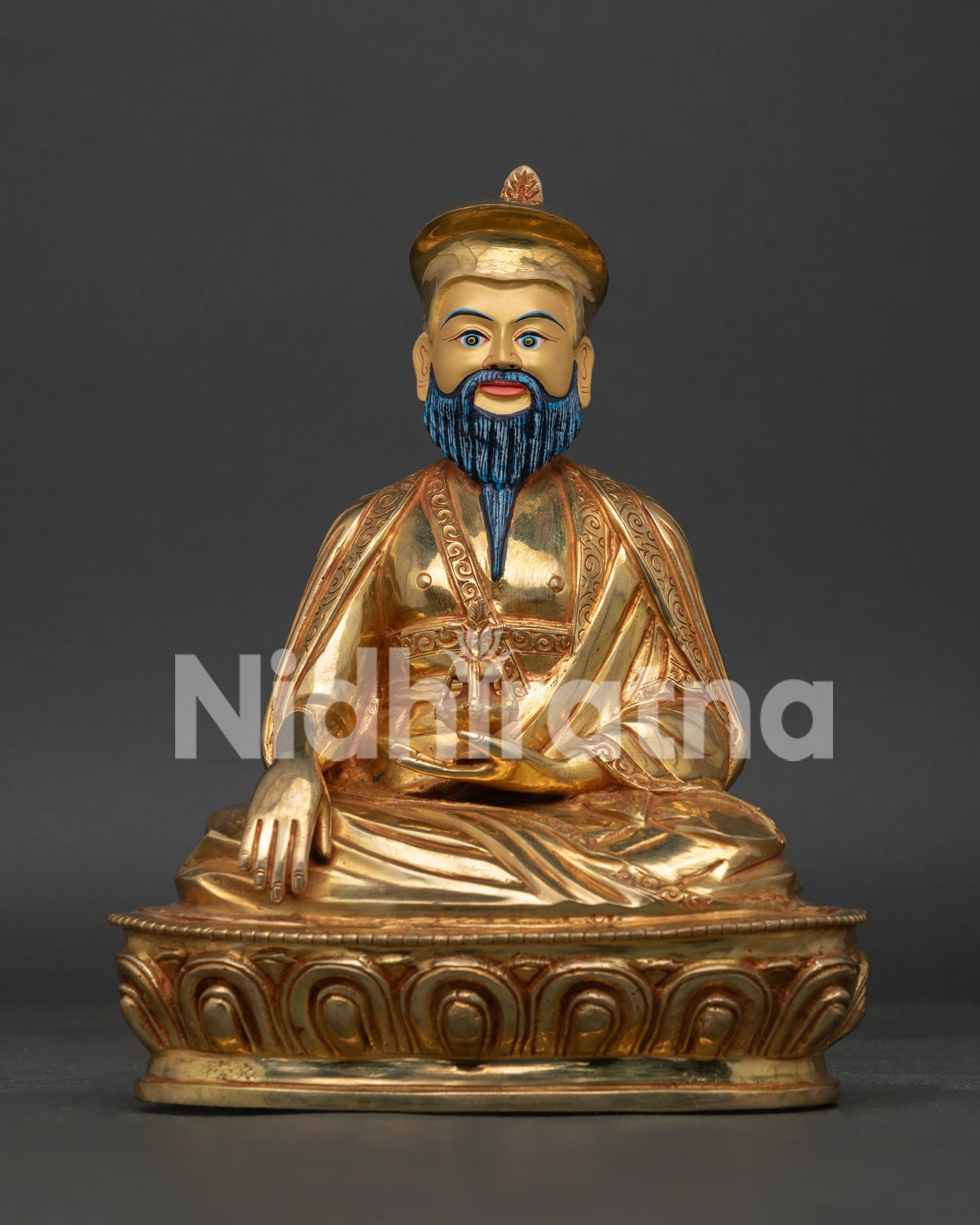 Front view of Handmade Zhabdrung Ngawang Namgyal Statue with gold fire gilding on lotus seat