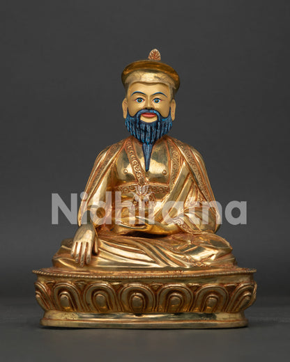 Front view of Handmade Zhabdrung Ngawang Namgyal Statue with gold fire gilding on lotus seat