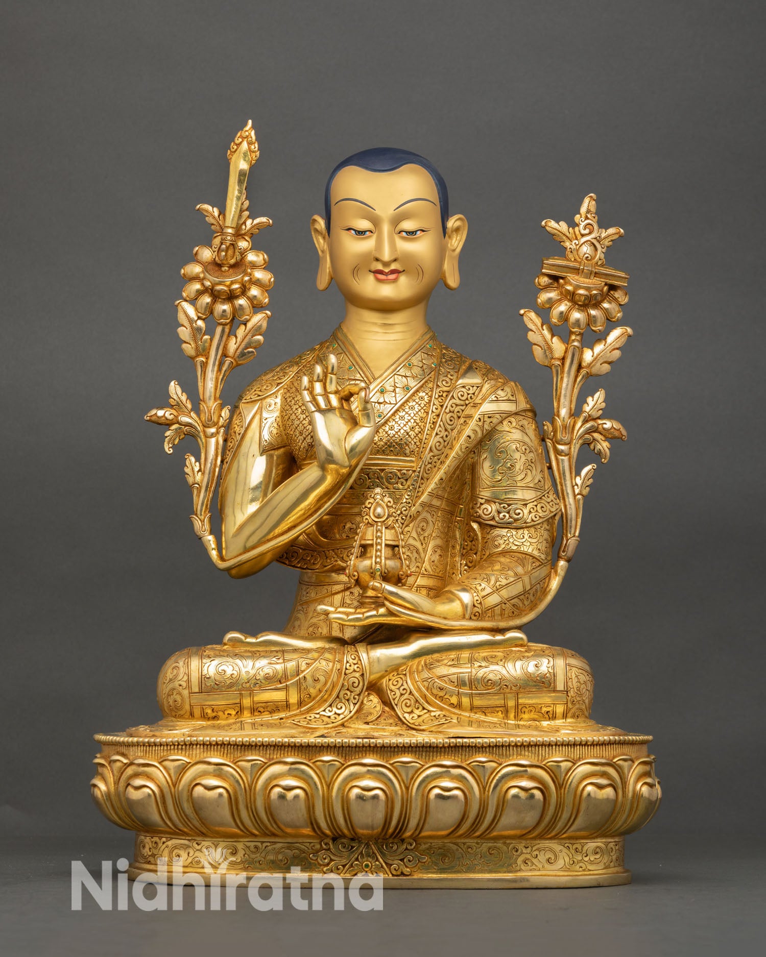 Front view of Je Tsongkhapa statue handcrafted in Nepal with 24K gold gilding copper body and detailed lotus throne with spiritual Buddhist symbolism