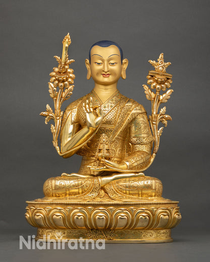 Front view of Je Tsongkhapa statue handcrafted in Nepal with 24K gold gilding copper body and detailed lotus throne with spiritual Buddhist symbolism
