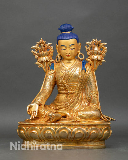 Front view of Jigme Lingpa statue gold painted face handcrafted copper Nyingma master
