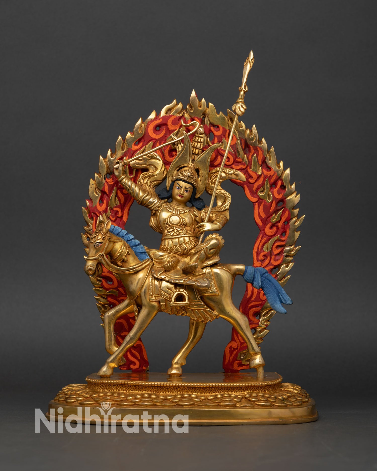Front view of King Ghesar statue on majestic horse with blazing halo, detailed armor, sword staff