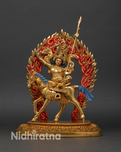 Front view of King Ghesar statue on majestic horse with blazing halo, detailed armor, sword staff