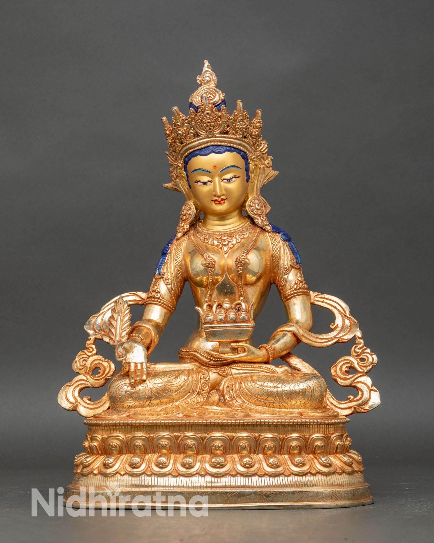 Front view of Kshitigarbha statue lotus throne Cintamani jewel handcrafted Nepal