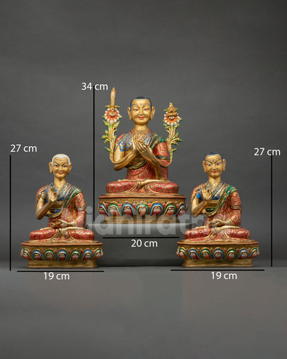 Front view of Lama Tsongkhapa Statue Set with Gyaltsab Je and Khedrup Je hand painted copper Buddhist sculptures from Nepal