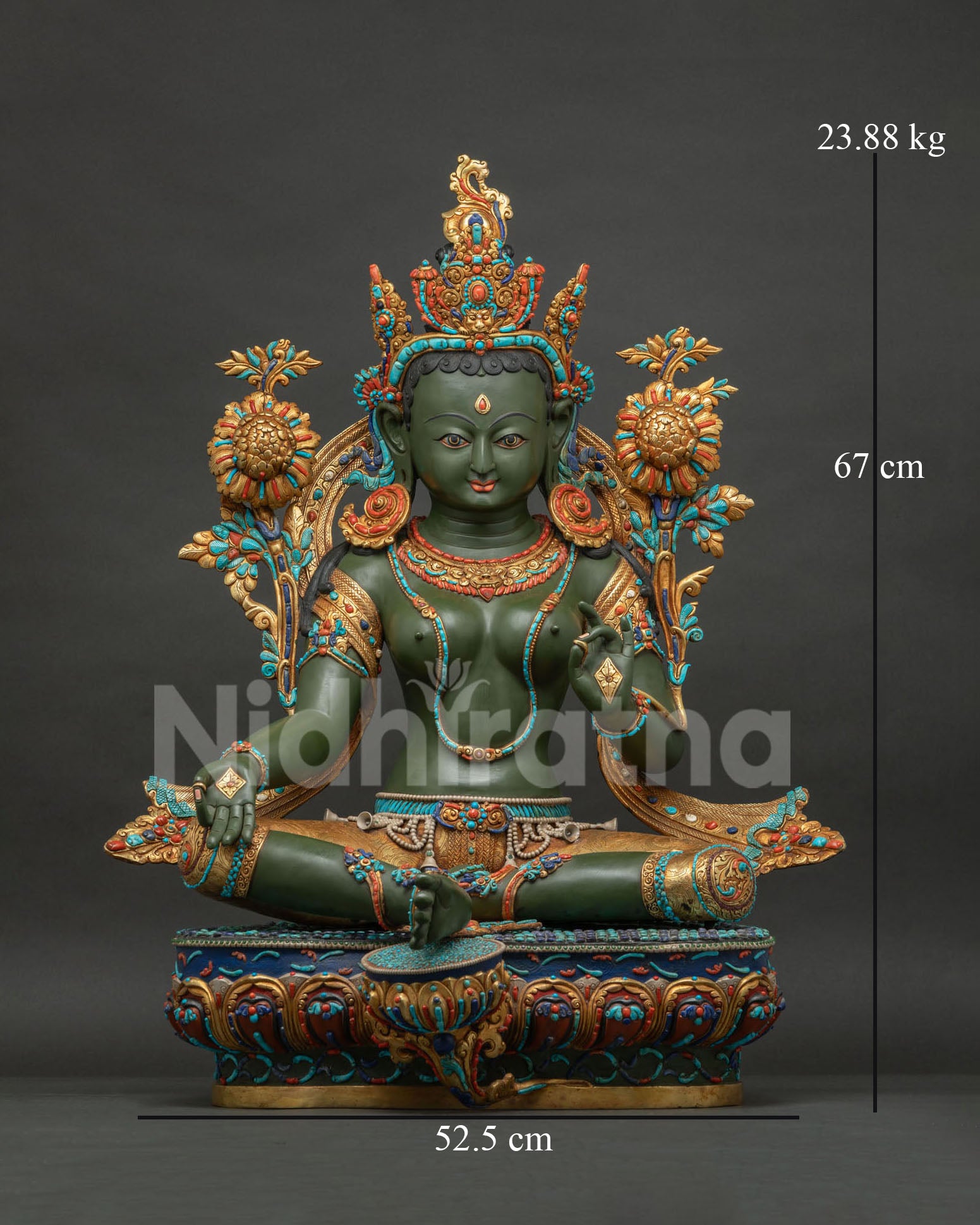 Front view of large 24K gold gilded Green Tara statue handcrafted in Nepal copper Buddhist sculpture.