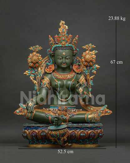 Front view of large 24K gold gilded Green Tara statue handcrafted in Nepal copper Buddhist sculpture.
