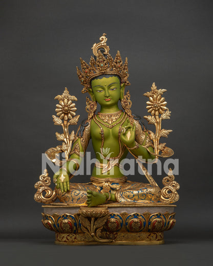 Front view of large Green Tara statue in gold gilded solid copper with ornate lotus pedestal
