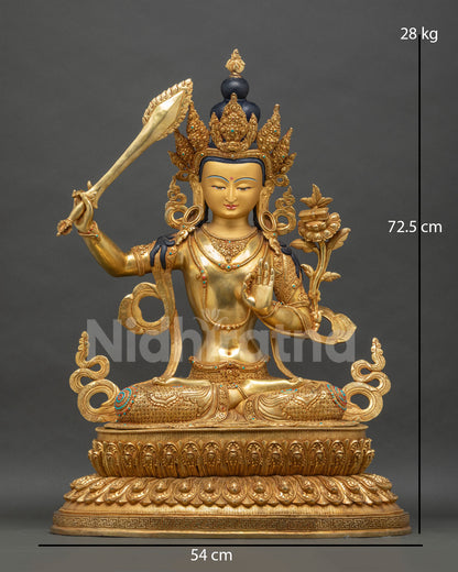 Front view of life-size Manjushri statue, Bodhisattva of Wisdom, gold gilded copper