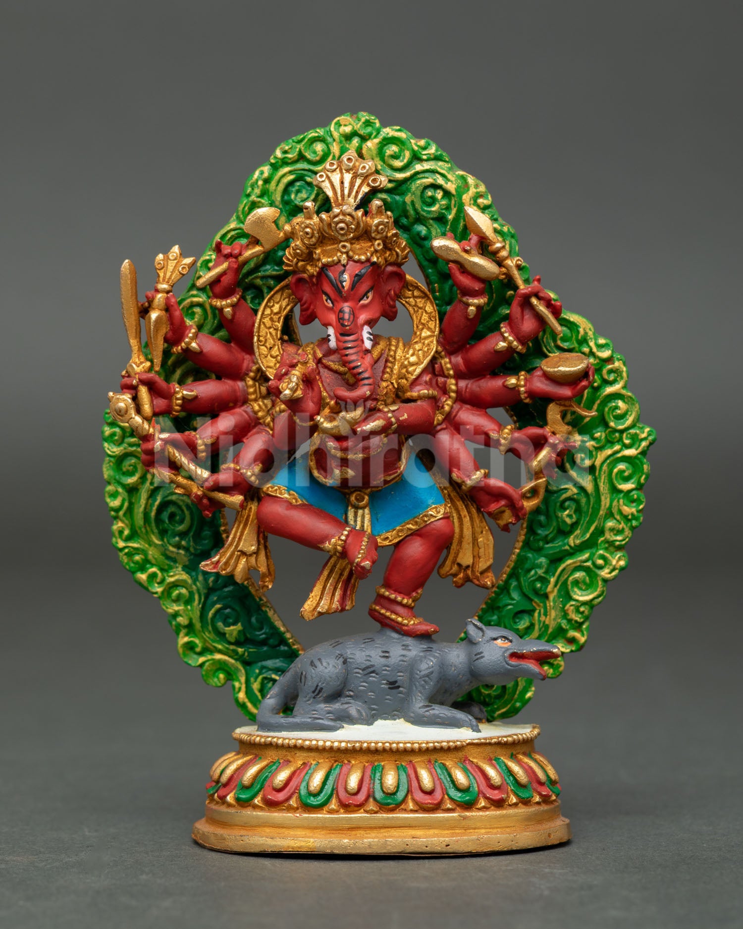 Front view of Lord Ganesh statue handcrafted in copper with acrylic colors gold detailing and lotus pedestal symbolizing wisdom and success.