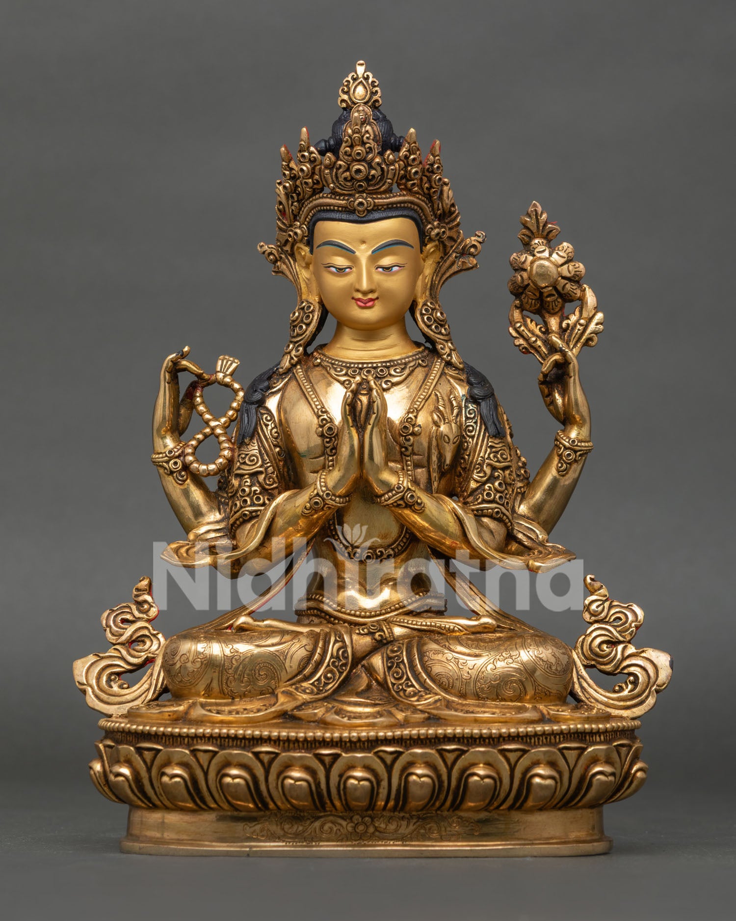 Luxury Avalokiteshvara Chenrezig Statue Handmade Gold Fire Gilded Copper Buddhist Art from Nepal