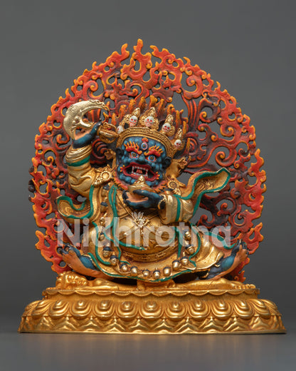 Front view of Mahakala Bernagchen Statue, lost wax copper wrathful protector deity from Nepal