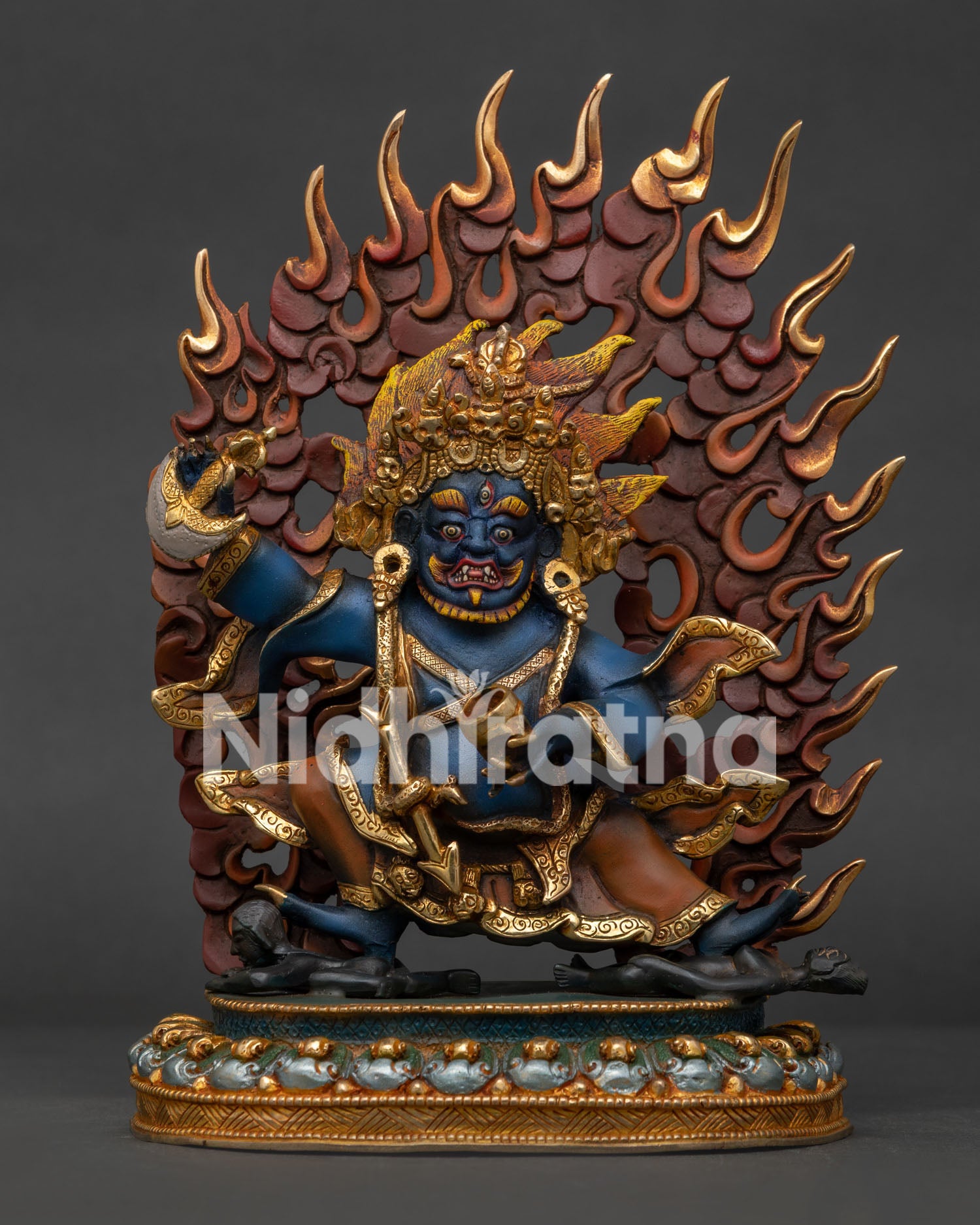 Front View of Mahakala Bernagchen Statue with 24K Gold Fire Gilding and Lotus Seat