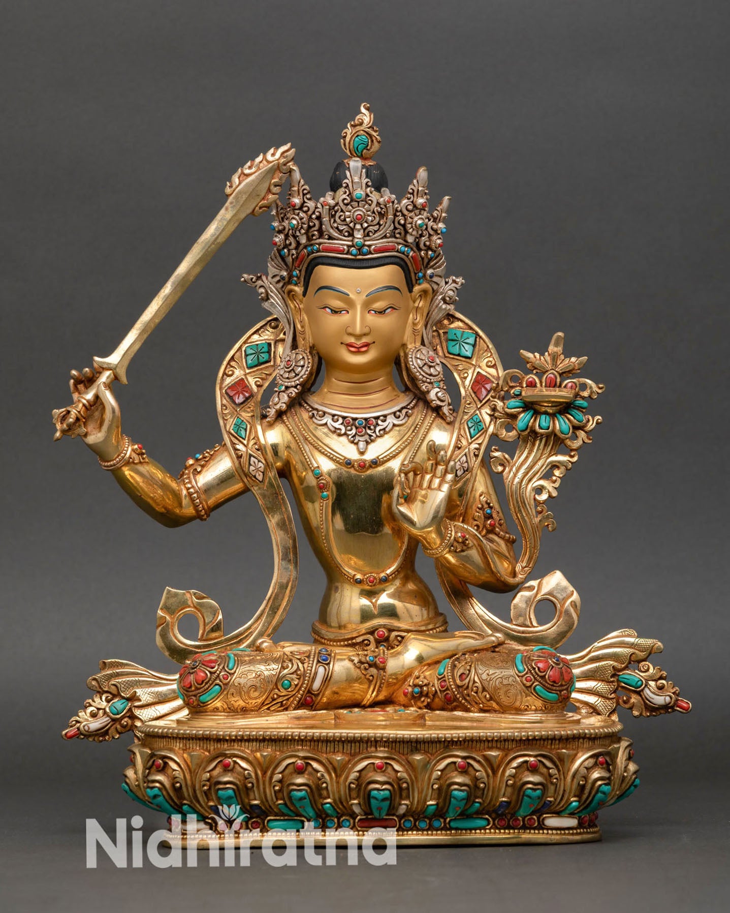Front view of Manjushri statue, copper alloy Buddhist wisdom deity sculpture, gold gilded Nepal