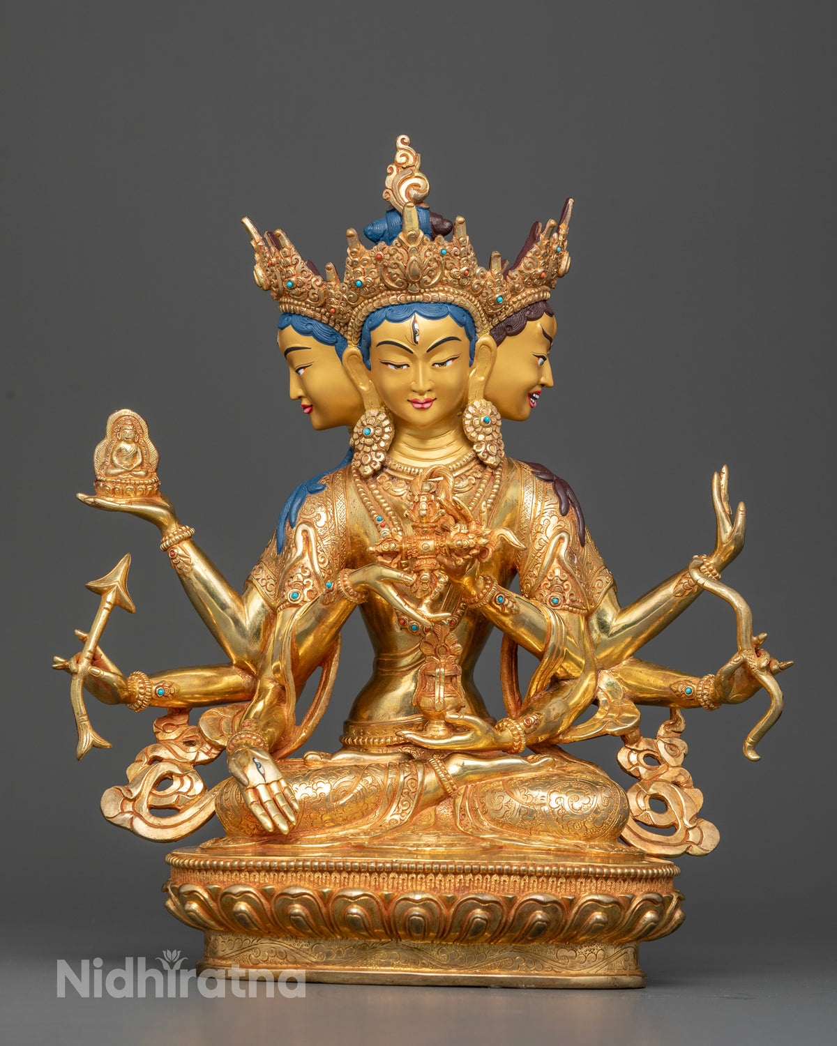 Front view of Namgyalma statue with 24K gold gilding and semi precious stones