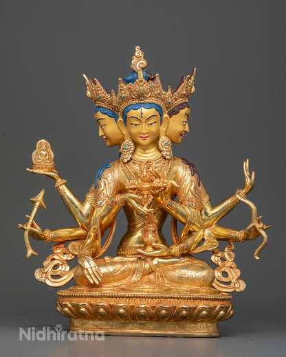 Front view of Namgyalma statue with 24K gold gilding and semi precious stones