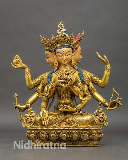 Front view of Namgyalma statue, handcrafted copper with 24K gold fire-gilding
