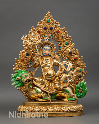 Front view of Namtoshe statue copper gold painted face snow lion throne Nepalese artisan deity