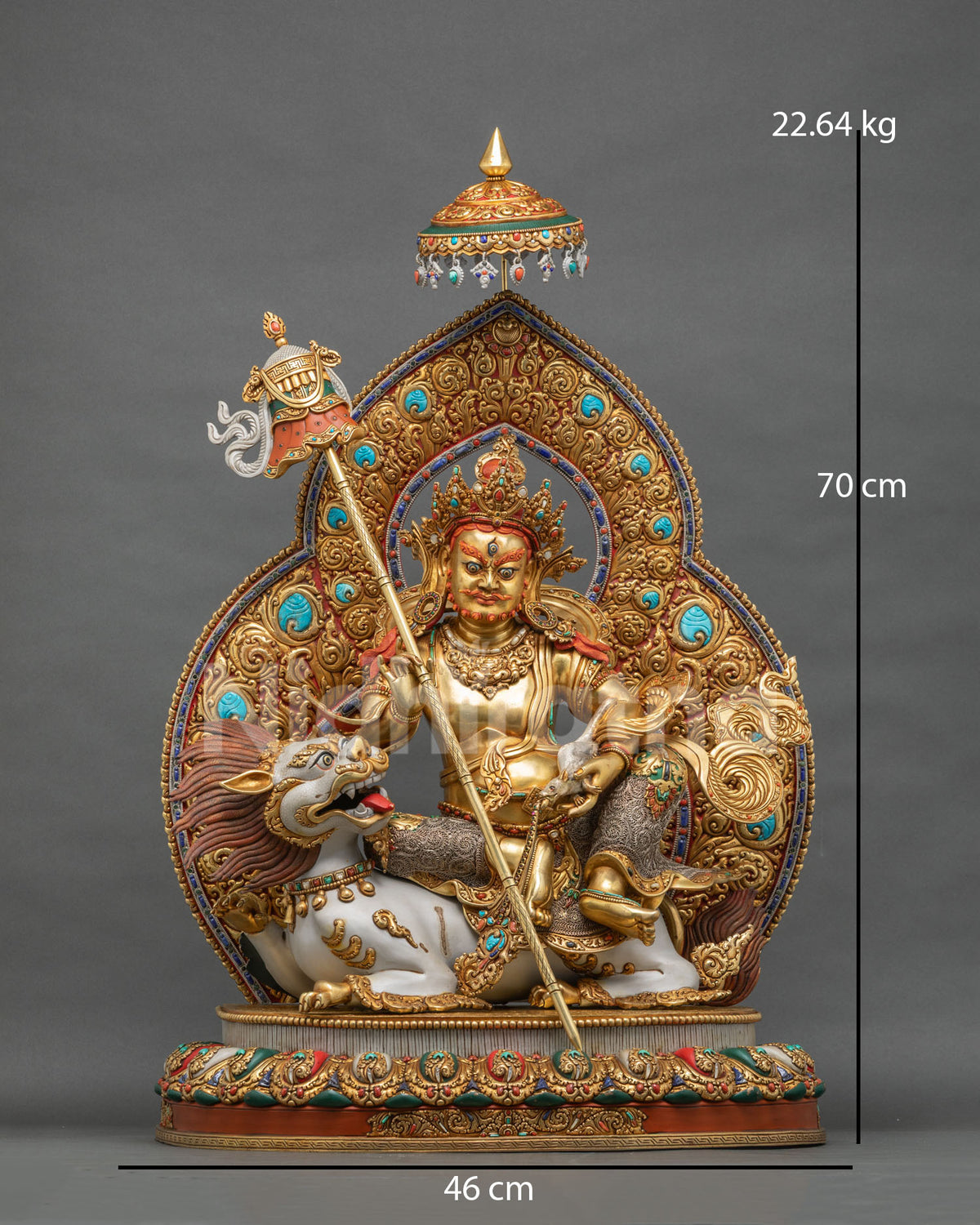 Front view of Namtoshe statue on snow lion, 70 cm tall, 22.64 kg, gold-gilded copper from Nepal