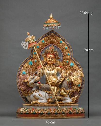 Front view of Namtoshe statue on snow lion, 70 cm tall, 22.64 kg, gold-gilded copper from Nepal